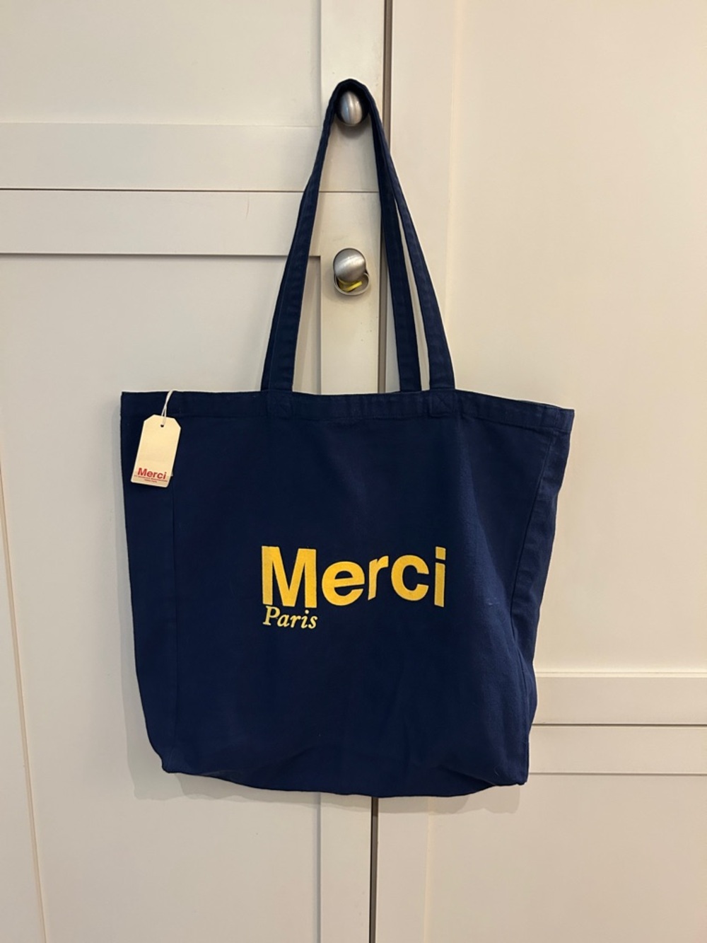 NWT Merci Paris Navy Canvas Tote with Yellow Logo